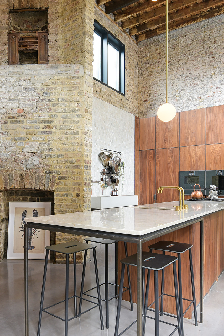 modern rustic brick focused kitchen interior design photography